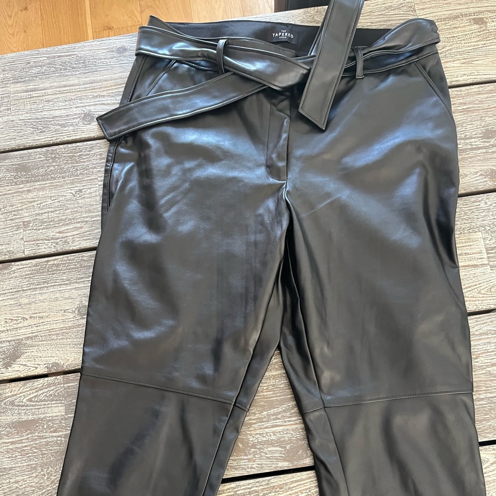 Faux leather black pants with belted waist. Size 12.